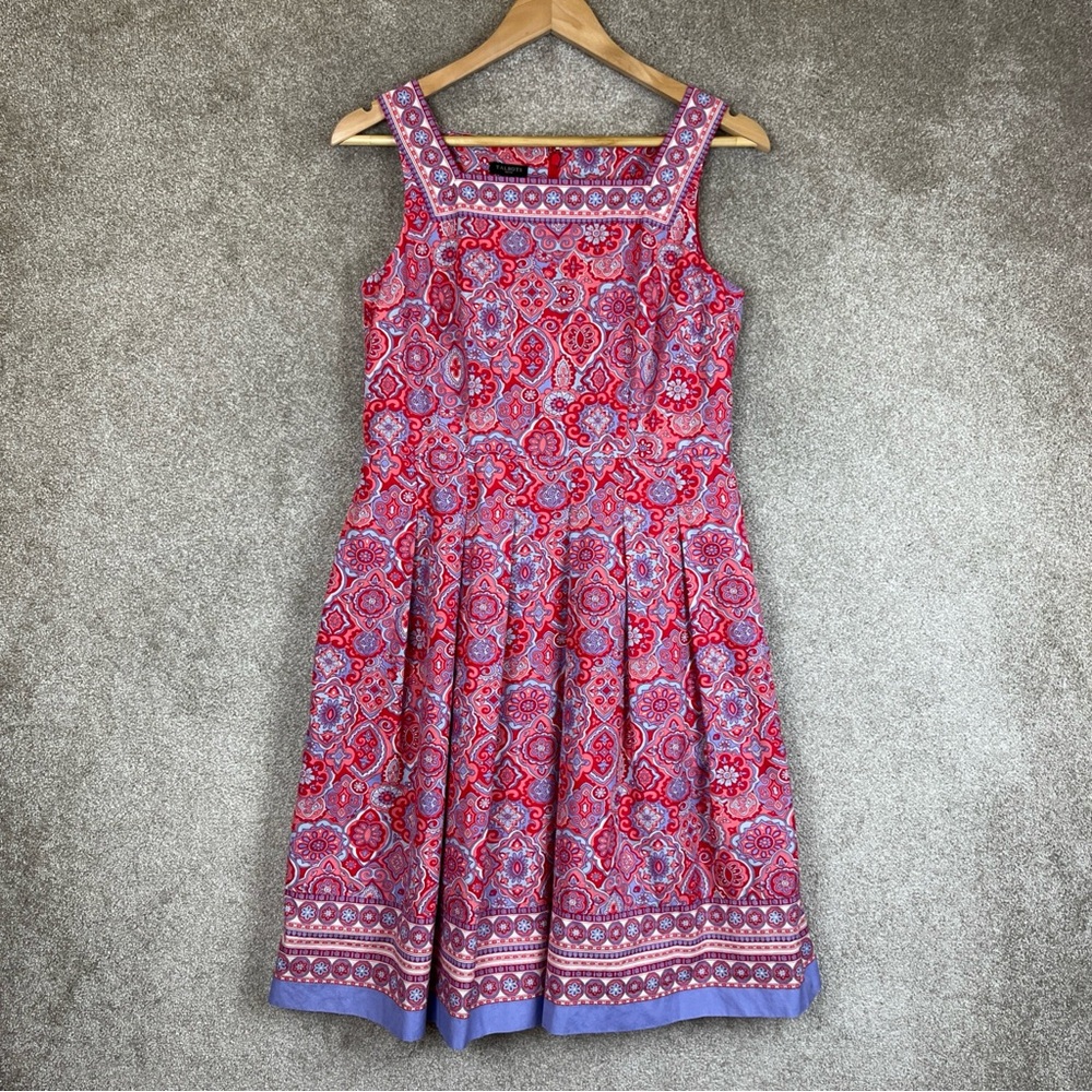 Talbots Red and Blue Pleated Midi Dress